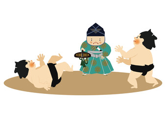 スポーツのイラスト素材。
相撲のクリップアート。
力士と行司。土俵。国技館のイメージ。