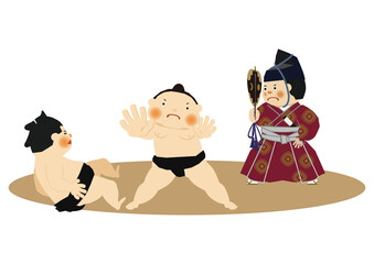 スポーツのイラスト素材。
相撲のクリップアート。
力士と行司。土俵。国技館のイメージ。