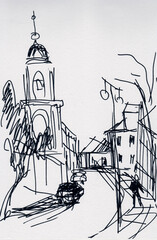 instant sketch, church in the street of Moscow