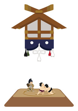 スポーツのイラスト素材。
相撲のクリップアート。
力士と行司。土俵。国技館のイメージ。