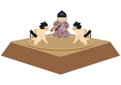スポーツのイラスト素材。
相撲のクリップアート。
力士と行司。土俵。国技館のイメージ。