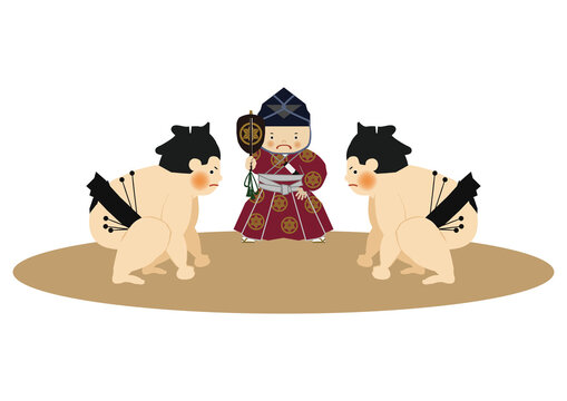 sumo wrestlers and referee in action clip art preview