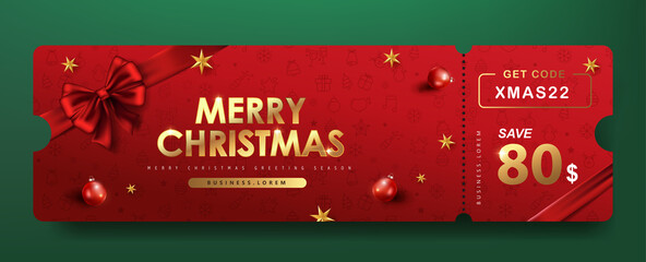 Merry Christmas Gift promotion Coupon banner with festive decoration for christmas - obrazy, fototapety, plakaty