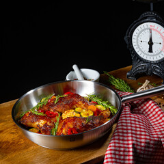 Fried chicken legs with various vegetables and spices