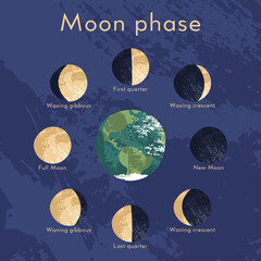 Moon phase, lunar cycle, synodic month. Lunary visible side. New and full moon, waxing and waning crescent, first and last quarter, gibbous. Astronomy, astrophysics. Vector flat cartoon illustration