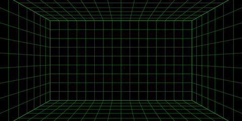 3d wireframe grid room. 3d perspective laser grid 16 9.. Cyberspace black background with green mesh. Futuristic digital hallway space in virtual reality. Vector illustration.