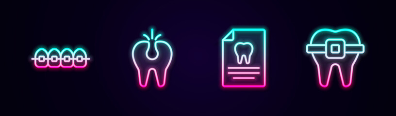 Set line Teeth with braces, Broken tooth, Clipboard dental card and . Glowing neon icon. Vector