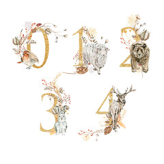 Watercolor hand painted christmas latin alphabet. Golden letters, numbers with woodland animals, winter floral, cotton flowers, snowflakes for new year decor, greeting cards, logo.