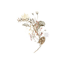 Watercolor floral bouquet. Hand painted christmas arrangement of winter greenery, cotton flowers, cones, berries. New year golden composition. Botanical illustration for card design, print.