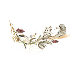 Watercolor floral bouquet. Hand painted set of forest greenery, wildflowers, herbs. Green leaves, chamomile isolated on white background. Botanical illustration for design, print or background