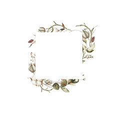 Watercolor floral wreath. Hand painted christmas frame of winter greenery, cotton flowers, cones, berries. New year border. Isolated on white background. Botanical illustration for card design, print.