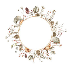 Watercolor floral wreath. Hand painted christmas frame of winter greenery, cotton flowers, cones, berries. New year border. Isolated on white background. Botanical illustration for card design, print.