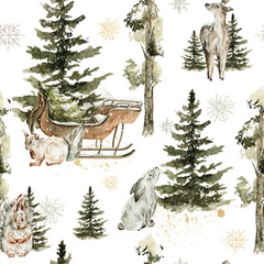 Watercolor wildlife seamless patterns. Hand painted christmas forest with animals - deer, fawn, rabbit, squirrel, sleigh, winter fir tree, snowflakes. New year. illustration for print, textile, fabric