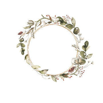 Watercolor floral wreath. Hand painted christmas frame of winter greenery, cotton flowers, cones, berries. New year border. Isolated on white background. Botanical illustration for card design, print.