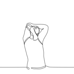 man doing exercises to warm up the muscles of the arms - one line drawing vector. concept of stretching, charging, training, exercise for sore hands or against diseases of the neck and spine