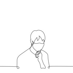 man in mask put hand to his face in thought - one line drawing vector. concept of doubt, reflection, coming up with solution