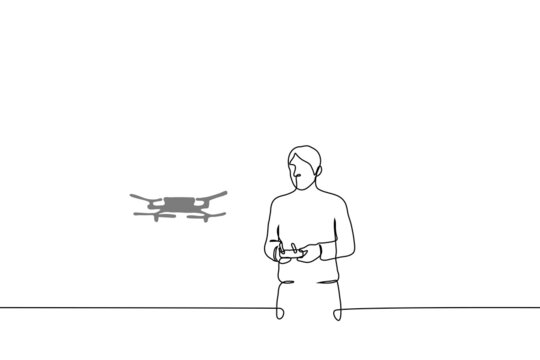 man with radio controlled drone - one line drawing vector concept. videographer launches a quadcopter to take pictures of the terrain from bird's eye view, researcher or rescuer searches with aircraft