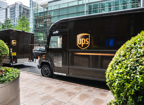 UPS delivery truck delivers packages in London. United Parcel Service, American shipping chain company on May 29, 2019 in London, England, United Kingdom.