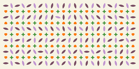 Seamless geometric pattern with hearts and leaves. Vector wallpaper background