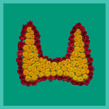 Thyroid gland. Shape of human thyroid, installation of flowers on green background. Part of set medical pictures of internal human organs