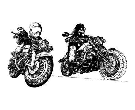 Skeleton Rider On Motorcycle.Drawn Biker In Vector