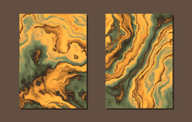 Set of cover templates. Fluid abstract backgrounds. Marble texture in brown and blue colors.