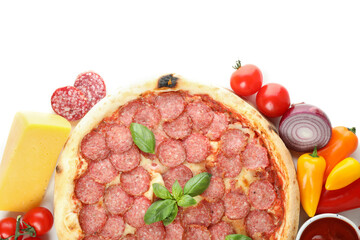 Concept of tasty food with Salami pizza isolated on white background