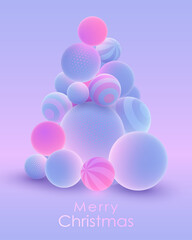 Poster for Merry Christmas, Christmas tree, fir with blue balls, and luminous, luminescent pink, purple balls with dots, stripes and magic lights on light blue  background. Vector illustration. 