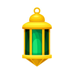 Arabic vintage golden lighting lamp. Turquoise Ramadan lantern, traditional muslim symbol vector illustration
