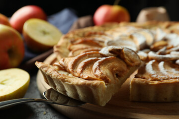 Concept of tasty food with apple pie on textured table