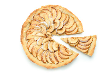 Sliced apple pie isolated on white background