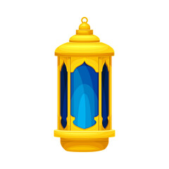 Arabic vintage golden lantern. Ramadan Kareem blue lamp, traditional muslim symbol vector illustration