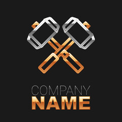 Line Medieval crossed battle hammers icon isolated on black background. Colorful outline concept. Vector