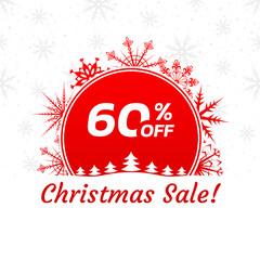 Christmas sale icon, label or banner. Xmas discount promotion poster or card template with snowflakes. 60 percent price off. Vector illustration.