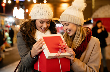 Portrait of happy women exchanging christmas presents. Holiday people christmas happiness concept