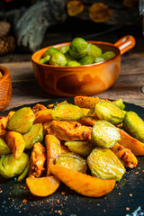 Brussels sprouts fried chicken breast and potatoes