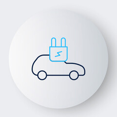 Line Electric car and electrical cable plug charging icon isolated on white background. Renewable eco technologies. Colorful outline concept. Vector