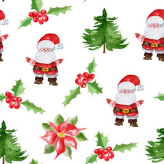 Santa Claus and Christmas tree watercolor seamless pattern. Template for decorating designs and illustrations.