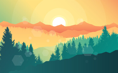 Mountains landscape, sunrise scene in nature with mountains and forest, silhouettes of trees. Hiking tourism. Adventure. Minimalist graphic flyers. Polygonal flat design for coupon, voucher, gift card