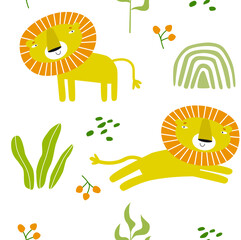 Vector seamless tropical background with lion. Cartoon lion. African animal. Fabric for children. Safari. Summer background. © olga