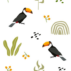 Vector tropical background with toucans.