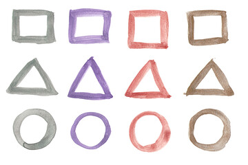 Vintage watercolor brush strokes geometric shapes - circle, triangle, square. Set of hand-drawn elements for design. Use for logo or web design