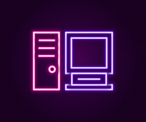 Glowing neon line Computer monitor icon isolated on black background. PC component sign. Colorful outline concept. Vector