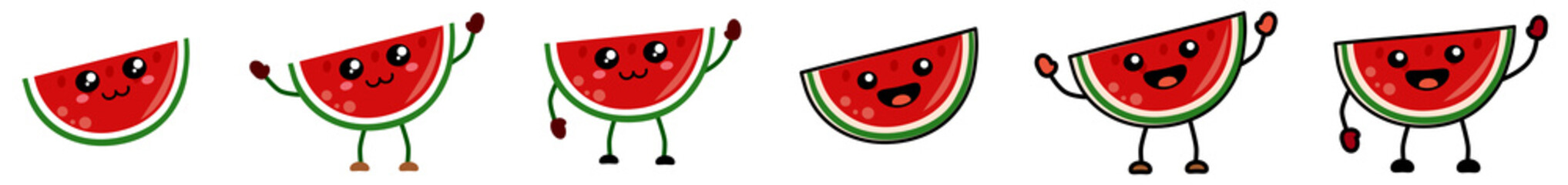 Cute kawaii style watermelon slice icon, smiling. Version with hands raised, down and waving.