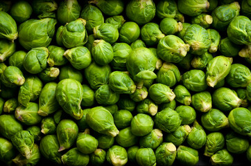 Brussels sprouts, macro photo. Healthy food. Fresh vegetables. Top view.