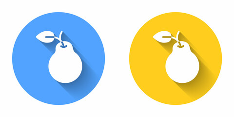 White Pear icon isolated with long shadow background. Fruit with leaf symbol. Circle button. Vector
