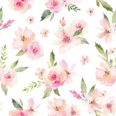 Watercolor seamless pattern with pink flowers. Hand painted repeating background with floral elements. Garden style texture for wrapping paper or textiles.
