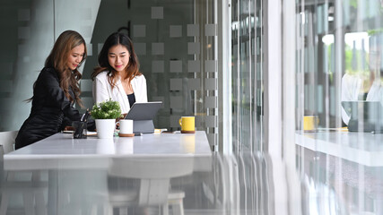 Two successful businesswomen discussing project strategy at bright modern office.