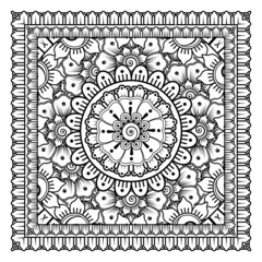Outline square flower pattern in mehndi style for coloring book page.