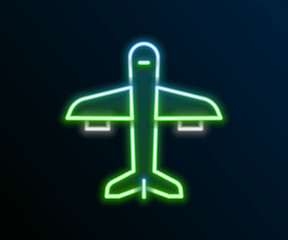 Glowing neon line Plane icon isolated on black background. Flying airplane icon. Airliner sign. Colorful outline concept. Vector